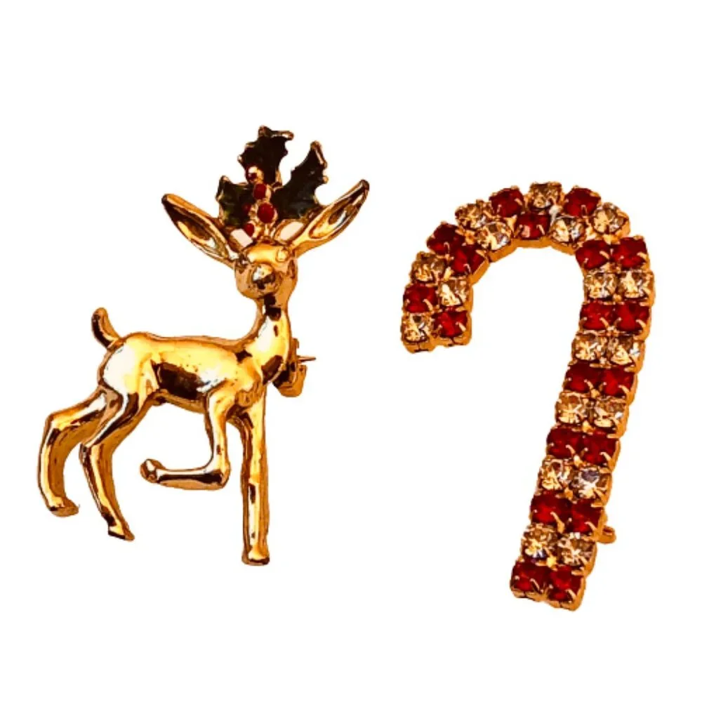 Christmas Vintage Brooch Gerrys Reindeer Enamel + Rhinestone Candy Cane